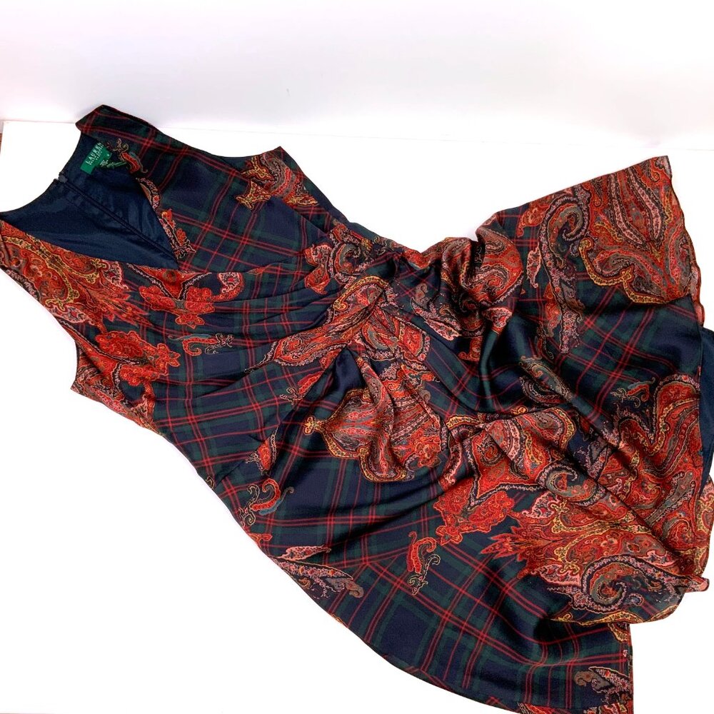 LAUREN Ralph Lauren  Silk Paisley and Plaid Faux Wrap Dress Size 10 - Picture 9 of 16